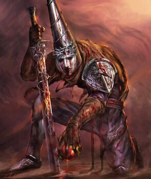 1boy armor blasphemous blood blood_on_clothes bloody_weapon brown_background brown_gloves brown_scarf commentary_request fantasy full_body gloves greaves helmet highres holding holding_sword holding_weapon jun_ishimaru looking_at_viewer mask on_one_knee pants pauldrons penitent_one planted planted_sword planted_weapon potion sabaton scarf shoulder_armor single_pauldron solo sword thorns warrior weapon