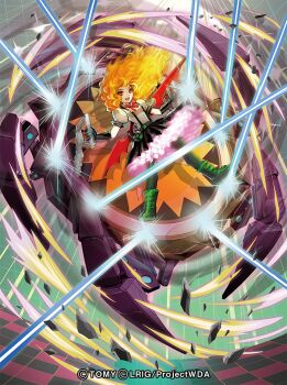 1girl black_gloves black_pantyhose black_shoes black_skirt blonde_hair buer_(wixoss) copyright_notice frilled_skirt frills gloves long_hair looking_at_viewer moreshan official_art open_mouth pantyhose red_eyes shirt shoes skirt smile solo suspender_skirt suspenders white_shirt wixoss