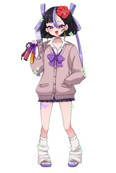 1girl :d animal_print black_hair blush bow brown_cardigan cardigan cellphone chiji_komari clothes_writing collarbone collared_shirt commentary_request dress_shirt earrings fang flip_phone flower goddess_of_victory:_nikke gyaru hair_flower hair_ornament hand_in_pocket hand_up hibiscus highres holding holding_phone jewelry leopard_print long_sleeves looking_at_viewer loose_socks miniskirt mole mole_under_eye multicolored_hair open_mouth phone plaid_clothes plaid_skirt pleated_skirt print_bow puffy_long_sleeves puffy_sleeves purple_bow purple_eyes purple_hair purple_skirt red_flower ribbed_socks shirt shoes short_hair simple_background skirt sleeves_past_wrists smile socks solo sparkle streaked_hair syuen_(nikke) translation_request white_background white_hair white_shirt white_shoes white_socks