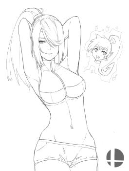 1girl body_switch female_focus greyscale high_ponytail highres j@ck long_hair looking_at_viewer metroid metroid_fusion monochrome navel nintendo personality_switch ponytail samus_aran shantae shantae_(series) shorts skin_tight smile solo super_smash_bros. white_background