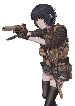 Rule 34 | 1girl, absurdres, ammunition pouch, asymmetrical dual wielding, black hair, black thighhighs, blue shorts, brown vest, bulletproof vest, collar, combat knife, commentary, commission, dual wielding, ear piercing, english commentary, flannel, fn fnx, green eyes, gun, gun sling, handgun, highres, holding, holding gun, holding knife, holding weapon, knife, microphone, n0bitaa, open mouth, original, piercing, pistol, plaid clothes, plaid shirt, polygonal suppressor, pouch, purple shirt, red collar, scope, shirt, short hair, short shorts, shorts, simple background, solo, suppressor, thighhighs, vest, watch, weapon, weapon request, white background, wristwatch