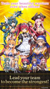 5girls :o airi_(queen&#039;s_blade) angel_wings animal_ears apron aqua_eyes armor bat_wings bikini_armor blade blonde_hair blue_eyes boots breasts brown_hair captain_liliana chain chainsaw chibi cross elina_(queen&#039;s_blade) english_text fake_animal_ears full_body green_hair hat holding holding_weapon large_breasts maid maid_headdress medium_breasts mirim mole mole_under_mouth multiple_girls nun official_art open_mouth pink_eyes pink_hair pirate_costume pirate_hat polearm promotional_art queen&#039;s_blade red_hair scythe sideboob sigui_(queen&#039;s_blade) smile spear starfish twintails weapon wings