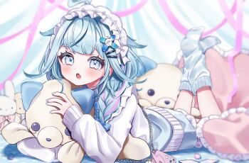 1girl ahoge blue_eyes blue_hair blue_nails blue_socks braid commentary_request fang feet hair_ornament hairpin highres hololive hololive_dev_is hood hoodie hosimiya_yume long_hair looking_at_viewer lying medium_hair mizumiya_su mizumiya_su_(1st_costume) nail_polish on_stomach open_mouth pink_streaks skin_fang socks solo the_pose twin_braids virtual_youtuber white_hoodie x_hair_ornament