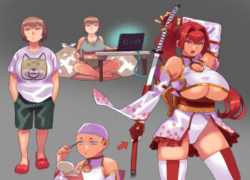 1girl applying_makeup arrow_(symbol) breasts brown_hair cleavage cleavage_cutout clothing_cutout commentary_request computer crocs crop_top crop_top_overhang detached_sleeves grey_panties hair_intakes hands_in_pockets highres holding holding_sheath holding_sword holding_weapon huge_breasts indian_style katana laptop long_hair makeup mascara narisokonai obi original panties pillow plump ponytail red_eyes red_hair red_sandals sandals sash sheath shirt sitting striped_clothes striped_thighhighs sword t-shirt thighhighs trash_bag underboob underwear unsheathing vaio vertical-striped_clothes vertical-striped_thighhighs very_long_hair weapon wig