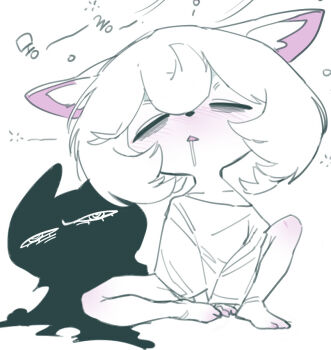 Rule 34 | 1girl, @ @, animal ear fluff, animal ears, bags under eyes, barefoot, collarbone, commentary, drooling, korean commentary, korean text, league of legends, long sleeves, loose clothes, loose shirt, medium hair, nikukan, shirt, simple background, sketch, sleepy, spot color, squeans, triangle mouth, vex (league of legends), vex shadow (league of legends), white background, yordle