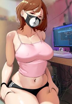 1girl bare_shoulders black_eyes black_mask black_shorts breasts brown_hair cable camisole computer computer_keyboard covered_erect_nipples desk ear_piercing half-closed_eyes head_tilt highres large_breasts looking_at_viewer lulu-chan92 mask medium_hair midriff monitor mouth_mask navel photo-referenced photo_background piercing pink_camisole print_mask real_life round_eyewear scowl short_shorts shorts sitting solo speaker stomach thick_thighs thigh_grab thighs