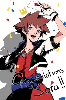 1boy absurdres blazpu blue_eyes brown_hair confetti disney fingerless_gloves gloves highres hood jewelry keyblade kingdom_hearts kingdom_hearts_i male_focus necklace nintendo open_mouth short_hair smash_invitation smile solo sora_(kingdom_hearts) spiked_hair square_enix super_smash_bros.