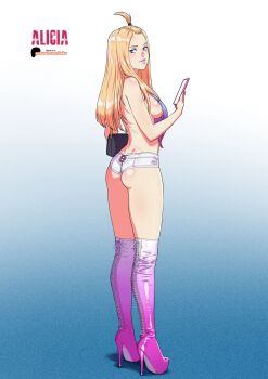 1girl ass bag bare_arms bare_back bare_shoulders blonde_hair blue_eyes boots breast_curtain breasts cellphone from_behind full_body handbag high_heel_boots high_heels highres holding holding_phone long_hair long_legs looking_at_viewer looking_to_the_side original panties parted_lips patreon_username phone pink_boots pink_lips sideboob skindentation smartphone solo standing stiletto_heels tekuho_no_habo thigh_boots topknot underwear wedgie white_panties