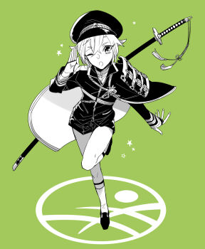 1boy armor cape eyelashes full_body green_background greyscale_with_colored_background hair_flaps hat highres hotarumaru japanese_armor japanese_clothes legwear_garter less_(neverheaven) looking_at_viewer male_focus menpoo one_eye_closed ootachi open_mouth short_hair shorts shoulder_armor socks sode solo standing standing_on_one_leg sword touken_ranbu uniform weapon