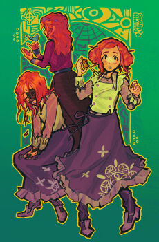 2girls absurdres android artist_name bird bird_on_hand blouse bluebird brown_skirt commentary diana_(kyokugen_dasshutsu) double_bun english_commentary eyelashes flower freckles from_behind green_background hair_bun hair_down hair_flower hair_ornament highres holding jewelry kyokugen_dasshutsu kyokugen_dasshutsu_adv:_zennin_shibou_desu long_hair long_skirt long_sleeves luna_(kyokugen_dasshutsu) medium_hair multiple_girls multiple_views necklace oneinhiding orange_hair outline purple_shirt purple_shoes purple_skirt red_sweater shirt shoes sidelocks skirt solid_oval_eyes spoilers star_(symbol) sweater vest white_vest yellow_outline zero_escape:_toki_no_dilemma