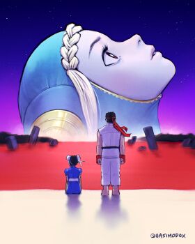 1boy 2girls absurdres ass barefoot black_hair blue_dress braid brown_hair bun_cover capcom china_dress chinese_clothes chun-li colored_skin commentary double_bun dougi dress english_commentary from_behind giant giantess gloves hair_bun headband highres ingrid_(capcom) karate_gi looking_up martial_arts_belt multiple_girls neon_genesis_evangelion night pants pantyhose parody projected_inset puffy_short_sleeves puffy_sleeves quasimodox red_eyes red_headband ryu_(street_fighter) sash scene_reference seiza short_hair short_sleeves sitting sky star_(sky) starry_sky street_fighter street_fighter_6 twitter_username white_pants
