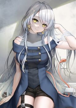 1girl abe_hikaru android bare_shoulders cross cross_earrings earrings electrical_outlet grey_hair highres indoors jewelry long_hair original plug short_shorts shorts solo very_long_hair yellow_eyes