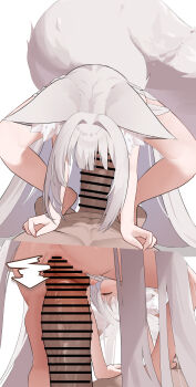 1boy 1girl animal_ear_fluff animal_ears anus ass bar_censor barefoot blush breasts censored closed_eyes cowgirl_position dodo24850918 erection fang fox_ears fox_girl fox_tail girl_on_top grey_hair hair_between_eyes hetero imminent_penetration imminent_vaginal japanese_clothes just_the_tip large_penis loli long_hair looking_at_penis multiple_views nipples nude open_mouth original penis pov pussy sex simple_background small_breasts smile solo_focus squatting squatting_cowgirl_position straddling tail vaginal very_long_hair white_background white_hair