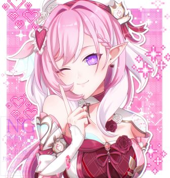 1girl absurdres braid braided_bangs breasts cleavage closed_mouth collarbone commentary_request diamond-shaped_pupils diamond_(shape) earrings elysia_(hi_love_elf)_(honkai_impact) elysia_(honkai_impact) hair_intakes hair_ornament hand_up hat heart heart_earrings heart_hair_ornament highres honkai_(series) honkai_impact_3rd index_finger_raised jewelry konpeyo large_breasts long_hair looking_at_viewer multicolored_hair one_eye_closed pink_background pink_hair pointy_ears purple_eyes single_bare_shoulder smile solo streaked_hair symbol-shaped_pupils upper_body watermark white_hat