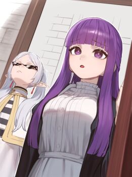2girls :&lt; :o black_robe black_shirt blunt_bangs breasts capelet chorogon commentary_request door dress earrings fern_(sousou_no_frieren) frieren grey_hair highres indoors jewelry large_breasts long_hair multiple_girls open_clothes open_robe parted_bangs pointy_ears purple_eyes purple_hair robe shirt sousou_no_frieren striped_clothes striped_shirt sunglasses translation_request upper_body white_capelet white_dress white_shirt