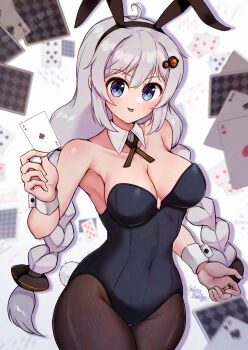 1girl :p ace_(playing_card) ace_of_spades ahoge animal_ear_hairband animal_ears black_leotard blue_eyes blurry braid braided_twintails breasts brown_pantyhose brown_ribbon card closed_mouth collar commentary_request cowboy_shot depth_of_field double-parted_bangs fake_animal_ears grey_hair hair_between_eyes hair_ornament_request hairband highres holding holding_card kizuna_akari large_breasts leotard long_hair looking_at_viewer neck_ribbon pantyhose playboy_bunny playing_card rabbit_ears ribbon signature simple_background smile solo spade_(shape) strapless strapless_leotard tongue tongue_out voiceroid wakaba_(wata_ridley) white_background white_collar white_wrist_cuffs wrist_cuffs