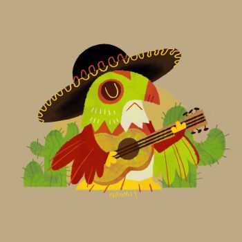 :&lt; arms_up artist_name black_hat cactus closed_eyes closed_mouth commentary cropped_legs english_commentary gen_6_pokemon guitar hat hawlucha highres holding holding_guitar holding_instrument instrument mariachi mexico music naomiromeroart nintendo playing_guitar playing_instrument pokemon pokemon_(creature) pokemon_focus profile simple_background sombrero u_u