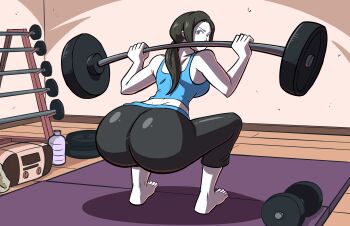 1girl ass axel_rosered bare_shoulders barefoot black_hair bottle breasts brown_hair capri_pants colored_skin commentary crop_top dumbbell english_commentary exercising from_behind highres huge_ass indoors large_breasts long_hair looking_at_viewer looking_back midriff nintendo pants ponytail solo spandex sports_bra squatting tank_top water_bottle weightlifting weights white_skin wide_hips wii_fit wii_fit_trainer_(female) wooden_floor yoga_pants