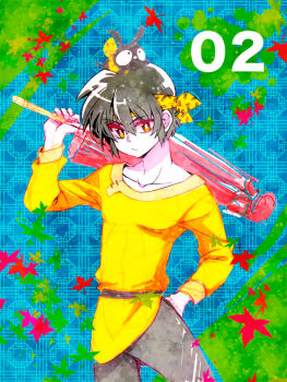 1boy :/ animal animal_on_head animalization arm_behind_back bandana black_hair closed_mouth collarbone colored_eyelashes commentary_request cowboy_shot hibiki_ryouga holding holding_umbrella leaf leaf_background male_focus on_head p-chan_(ranma_1/2) person_and_animalization pig piglet raimu_(ranxa) ranma_1/2 red_umbrella short_hair umbrella yellow_bandana yellow_eyes