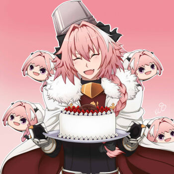 1boy androgynous astolfo_(rider)_(fate) black_bow black_sweater bow braid bucket bucket_on_head cape closed_eyes commentary english_commentary fang fate/apocrypha fate_(series) fur-trimmed_cape fur_trim gauntlets gorget hair_bow hair_intakes haunted_astolfo_bean_plush light_blush long_hair male_focus multicolored_hair object_on_head open_mouth phoenixcat2497 pink_background pink_hair signature single_braid skin_fang smile solo streaked_hair stuffed_toy sweater two-sided_cape two-sided_fabric white_cape white_hair