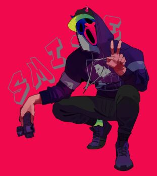 1boy arm_on_knee baseball_cap black_pants camera commentary drawstring english_commentary english_text ghostface halloween_(movie) hat highres holding holding_camera hood hood_up hoodie horns kneeling long_sleeves male_focus mask michael_myers pants print_hoodie purple_hoodie purple_shoes red_background red_horns scream_(movie) shoelaces shoes sneakers solo v weirdrws