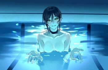 1girl blue_hair blue_theme breasts chainsaw_man green_eyes highres looking_at_viewer medium_breasts nude partially_submerged pool pponnya reze_(chainsaw_man) solo wet wet_hair