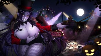 1girl black_bow black_bowtie black_hair black_hat black_leotard black_lips bow bowtie breasts bug circus cleavage colored_skin commentary detached_collar english_commentary epaulettes fingernails fishnet_pantyhose fishnets full_moon hat highres huge_breasts indie_virtual_youtuber jack-o'-lantern leotard moon pantyhose pixelhachi pointy_ears purple_skin sharp_fingernails smile solo spider spotlight tent top_hat vexoria_the_sun_eater virtual_youtuber