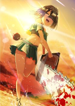 Rule 34 | 1girl, aqua bikini, aqua skirt, bare shoulders, beach, bikini, black hair, blood, breasts, brown eyes, chainsaw, closed eyes, commentary request, fate/grand order, fate (series), gradient sky, hair over one eye, highres, miniskirt, mole, mole under eye, navel, notonaon, open mouth, orange sky, short hair, skirt, sky, small breasts, smile, sunset, swimsuit, twilight, xu fu (fate), xu fu (swimsuit avenger) (second ascension) (fate)