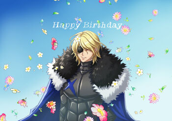 1boy armor black_armor black_fur blonde_hair blue_cape breastplate cape closed_eyes commentary dimitri_alexandre_blaiddyd dimitri_alexandre_blaiddyd_(timeskip) english_commentary eyepatch fire_emblem fire_emblem:_three_houses flower fur_trim happy_birthday hashtag-only_commentary leaf male_focus nintendo one_eye_covered ootuk parted_hair parted_lips pink_flower smile solo upper_body white_flower white_fur
