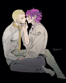 2boys ascot black_background blonde_hair commentary_request facial_hair facing_another goatee grey_pants grin highres imminent_kiss invisible_floor jojo_no_kimyou_na_bouken katori_(katokichi) kneeling looking_at_another magenta_magenta male_focus multiple_boys necktie pants parted_lips purple_hair scar scar_across_eye scar_on_face shirt short_hair simple_background sitting smile smirk steel_ball_run very_short_hair wekapipo white_shirt yaoi yellow_eyes yellow_necktie