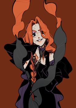 1girl 3itches black_dress braid commentary dress earrings eyeshadow highres jewelry looking_at_viewer makeup orange_hair parted_lips purple_eyeshadow ring simple_background smile smirk smoke solo symbol-only_commentary tweetyq1961 vivian_(3itches) witch