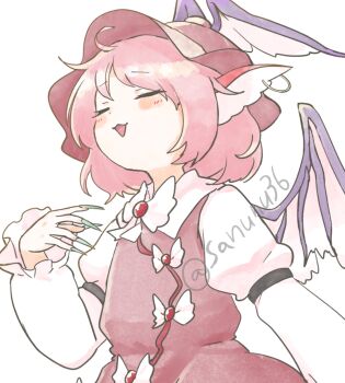 1girl :3 animal_ear_piercing animal_ears bird_ears blush closed_eyes collared_dress dress earrings fingernails hand_up hat head_wings highres hoop_earrings jewelry long_fingernails long_sleeves mystia_lorelei open_mouth pink_hair sanunu36 sharp_fingernails short_hair smile solo touhou twitter_username watermark wings