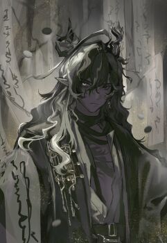 Rule 34 | 1boy, absurdres, arknights, bandaged neck, bandages, black bandages, black eyes, black hair, black robe, board game, chest tattoo, chinese commentary, closed mouth, commentary request, dragon boy, dragon horns, earrings, go (board game), hair between eyes, heterochromia, highres, horns, jewelry, ji ye-alexiel, long hair, looking at viewer, male focus, multicolored hair, pointy ears, robe, scroll, solo, streaked hair, tattoo, upper body, wang (arknights), yellow eyes