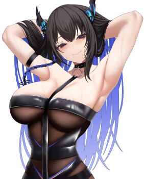 1girl absurdres arm_strap armpits arms_behind_head asymmetrical_horns black_collar black_hair black_one-piece_swimsuit blue_hair braid breasts casual_one-piece_swimsuit closed_mouth collar colored_inner_hair commentary double-parted_bangs english_commentary hair_between_eyes highres hololive hololive_english horns large_breasts long_hair looking_at_viewer mole mole_under_eye multicolored_hair nerissa_ravencroft nerissa_ravencroft_(holonatsu_paradise) official_alternate_costume one-piece_swimsuit si_farid side_braid simple_background smile solo swimsuit two-tone_hair uneven_horns very_long_hair virtual_youtuber white_background