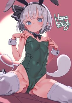 1girl animal_ears blue_eyes breasts fake_animal_ears green_leotard highres konpaku_youmu konpaku_youmu_(ghost) leotard playboy_bunny puddinghomhom rabbit_ears short_hair sitting small_breasts solo thighhighs touhou white_thighhighs wrist_cuffs