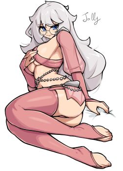 1girl ass bed_sheet blue_eyes breasts bridal_gauntlets closed_mouth commentary double-parted_bangs english_commentary full_body glasses hand_on_own_chest highres large_breasts long_hair looking_at_viewer oninuer original pink_bridal_gauntlets pink_thighhighs round_eyewear sheet_grab simple_background sitting solo thighhighs white_background white_hair