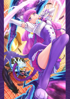 1boy 1girl animal_ears arm_up blue_hair blunt_bangs boots cat_ears cat_tail cure_macaron dress elbow_gloves feathers gloves grimace half-closed_eyes high_heel_boots high_heels highres holding holding_wand itou_shin&#039;ichi julio_(precure) jumping kirakira_precure_a_la_mode knee_up long_hair looking_at_another looking_at_viewer magical_girl mask motion_blur pillarboxed precure purple_dress purple_eyes purple_footwear purple_hair purple_shorts rooftop short_dress short_sleeves shorts shorts_under_dress standing tail two-tone_dress wand white_dress white_gloves