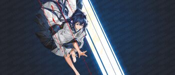 Rule 34 | 1girl, absurdres, alternate costume, animal ears, arknights, astesia (arknights), barefoot, bird ears, blue background, blue hair, chinese clothes, chinese new year, diagonal-striped background, highres, immeasurable, long hair, long sleeves, print background, reaching, solo, star (symbol), striped background, two-tone background, white background, wide sleeves