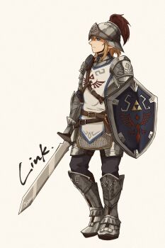 armor belt black_pants blonde_hair blue_eyes brown_belt chainmail character_name faulds full_body greaves grey_background helm helmet highres holding holding_shield holding_sword holding_weapon hylian_shield knight link looking_at_viewer looking_to_the_side master_sword multiple_belts nikohakaeritai nintendo pants pauldrons pointy_ears profile shield shoulder_armor simple_background soldier's_set_(zelda) standing sword tabard the_legend_of_zelda the_legend_of_zelda:_breath_of_the_wild triforce weapon