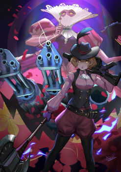 1girl 1other artist_request axe belt black_thighhighs breasts brown_hair curly_hair falling_petals fancy gatling_gun gun hat hat_feather highres holding holding_weapon machine_gun medium_breasts milady_(persona) okumura_haru persona petals shorts tagme thighhighs vest weapon yellow_eyes
