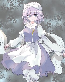 1girl apron bloomers breasts commentary hat highres letty_whiterock long_sleeves looking_at_viewer medium_breasts medium_hair patterned_background puffy_long_sleeves puffy_sleeves purple_hair purple_skirt purple_vest scarf shirt skirt skirt_set smile solo touhou underwear vest waist_apron white_apron white_bloomers white_hat white_scarf white_shirt zabuton_(mgdw5574)