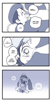 1boy 1girl 3koma absurdres adeleine apologizing beret blush comforting comic confused crying crying_with_eyes_open desultorynovice english_text fur-trimmed_jacket fur_trim hat highres hug jacket king_dedede kirby's_dream_land_2 kirby_star_allies kirby_(series) kirby_64 mittens monochrome nintendo shoes tearing_up tears