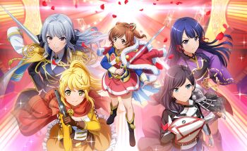 5girls aijou_karen armor black_boots black_gloves black_hair black_jacket blonde_hair blue_eyes blue_jacket boots breasts brown_eyes brown_gloves brown_hair cape cleavage closed_mouth collared_shirt crown epaulettes fingerless_gloves frown full_body fur-trimmed_jacket fur_trim gloves grey_gloves grey_hair gun hair_intakes handgun holding holding_gun holding_shield holding_sword holding_weapon jacket jacket_on_shoulders japanese_clothes kimono knee_boots lance long_sleeves looking_at_viewer medium_breasts medium_hair mini_crown multiple_girls official_art ootsuki_aruru orange_jacket orange_skirt petals polearm ponytail purple_eyes purple_hair purple_kimono red_cape red_jacket red_sash red_skirt revolver sash shield shirt short_hair shoujo_kageki_revue_starlight shoujo_kageki_revue_starlight_-re_live- shoulder_armor skirt smile standing sword tomoe_tamao two_side_up upper_body weapon white_jacket white_shirt yanagi_koharu yellow_eyes yukishiro_akira