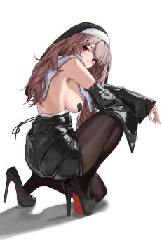 1girl absurdres black_pantyhose black_shoes black_skirt breasts brown_hair detached_sleeves from_side full_body high-waist_skirt high_heels highres kneeling long_sleeves looking_at_viewer looking_to_the_side medium_breasts on_one_knee original pantyhose pasties red_eyes shoes simple_background skirt solo topless_female veil white_background yuhui_ranjin