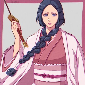 1girl artist_name black_hair bleach blue_eyes border braid grey_background haori highres holding holding_sword holding_weapon japanese_clothes katana kimono komeko_(strikek-lvvjm27) long_hair parted_bangs parted_lips pink_border pink_kimono pink_lips scar scar_on_chest sidelocks solo sword unohana_retsu upper_body weapon white_haori wide_sleeves