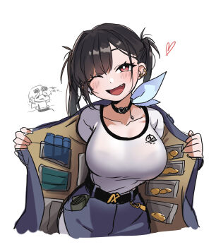 1girl bbyong403 belt black_choker black_hair blue_jacket blue_skirt blush breasts choker commentary_request eyelashes fang goddess_of_victory:_nikke heart highres jacket korean_commentary korean_text large_breasts looking_at_viewer one_eye_closed open_clothes open_jacket open_mouth red_eyes shirt shirt_tucked_in simple_background skirt sora_(nikke) translation_request white_background white_shirt