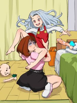 2girls age_difference bed black_skirt boku_no_hero_academia bottomless brown_eyes brown_hair caught clothes_lift cunnilingus curtains dildo dress eri_(boku_no_hero_academia) floating full_body happy hashgrij_senpai highres legs_up loli looking_at_viewer multiple_girls older_female_and_younger_female on_floor onee-loli oral penis pussy pussy_peek red_dress red_skirt scared sex_toy shoes sitting skirt smile sneakers source_request surprised tagme uncensored upskirt uraraka_ochako white_hair yuri