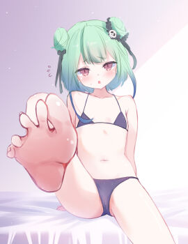 1girl barefoot bikini blush capuchi_(111cappuccino) double_bun feet flat_chest foot_focus foreshortening green_hair hair_bun hair_ornament highres hololive looking_at_viewer navel sitting skull_hair_ornament soles solo swimsuit toes uruha_rushia virtual_youtuber