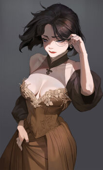 Rule 34 | black hair, blue eyes, bob cut, breasts, brown dress, brown hair, cleavage, dress, grey background, highres, looking to the side, medium breasts, medium hair, mole, mole under eye, ori dal, original, tucking hair