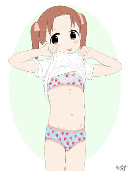 1girl blush bra clothes_lift flat_chest flatculture ichigo_mashimaro lifting_own_clothes loli looking_at_viewer matsuoka_miu navel panties shirt shirt_lift short_hair standing underwear